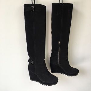 Prada Black Suede Wedge Tall Boots Box, Bag 38 7.5